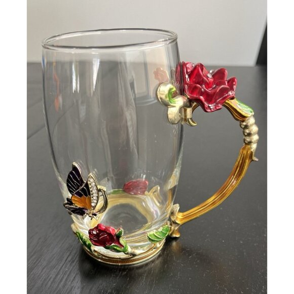 ARC France Glass Coffee Tea Cup Fairy Jeweled Enamel Red Rose Purple Butterfly - Picture 1 of 11